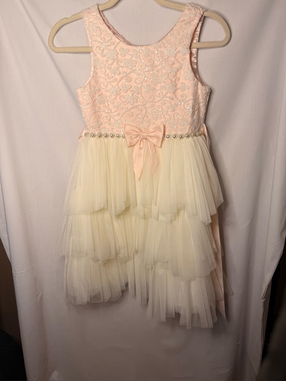 Couture Princess Girls Peach and Cream Tiered Tulle Party Dress with Bow